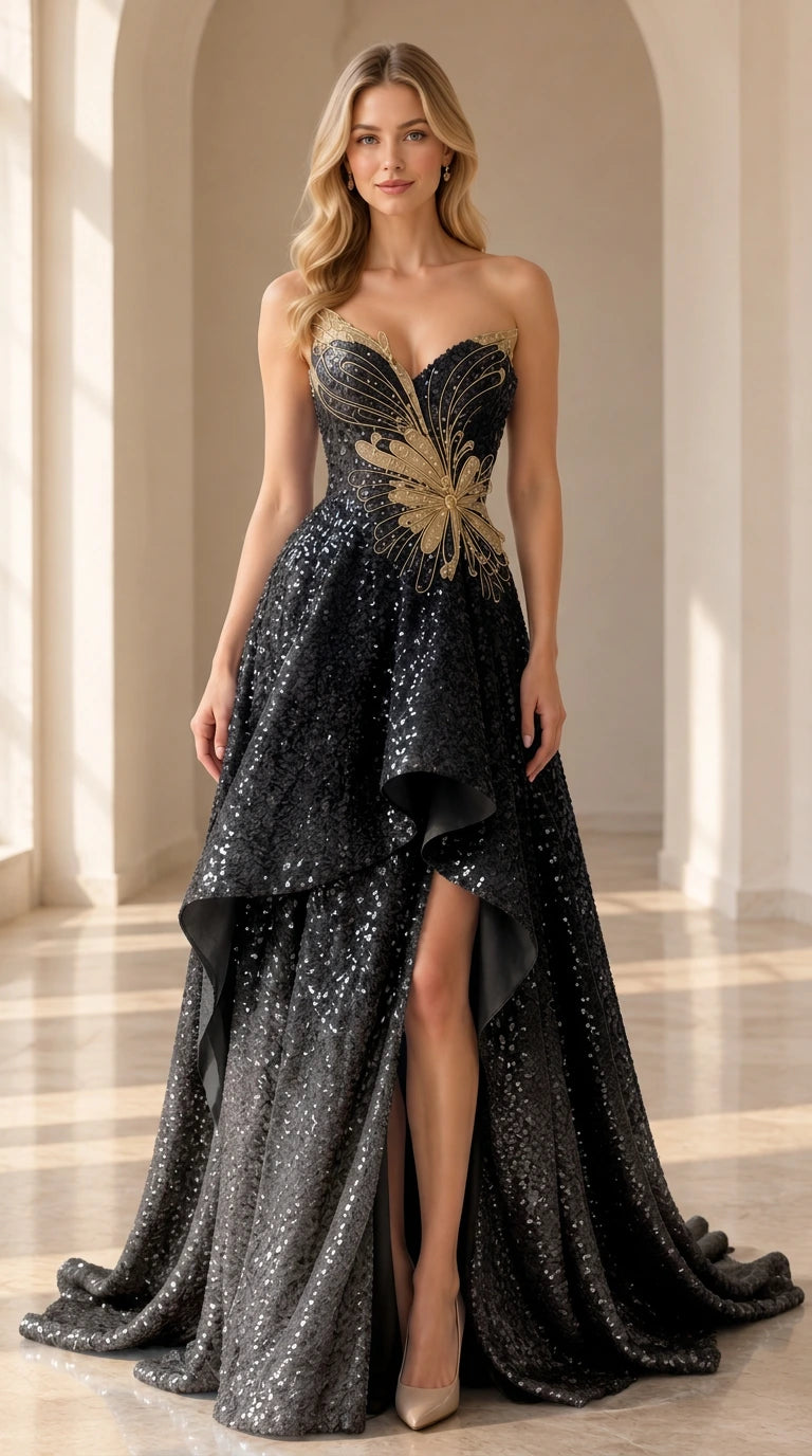 Front view of the strapless black and charcoal ombre sequin evening gown with gold butterfly embroidery