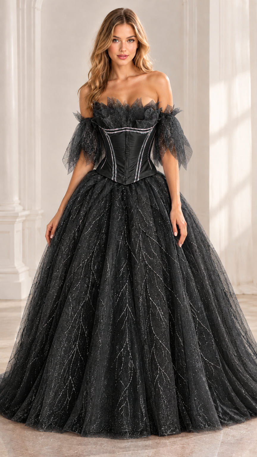 Front view of full-length black sparkle tulle corset ball gown