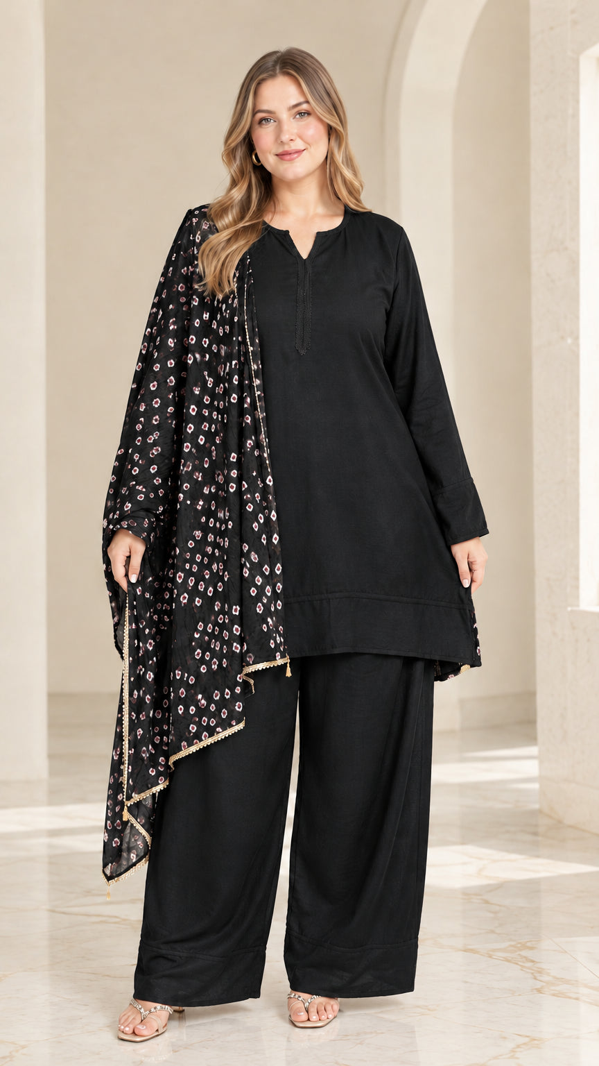 Front view of woman wearing black 3-piece tunic top, wide-leg pants, and printed scarf set