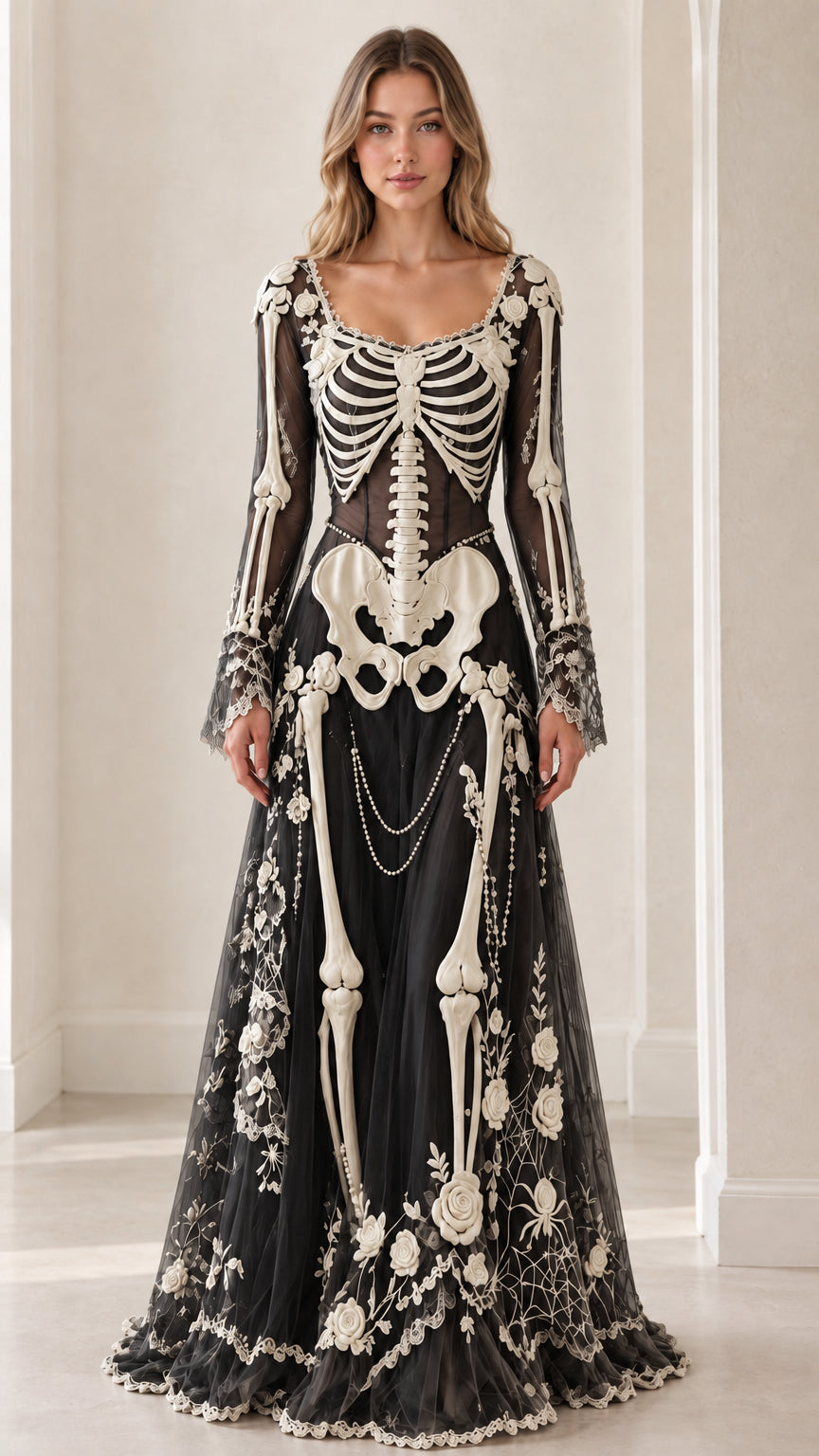 Black gothic skeleton appliqué long sleeve lace maxi dress