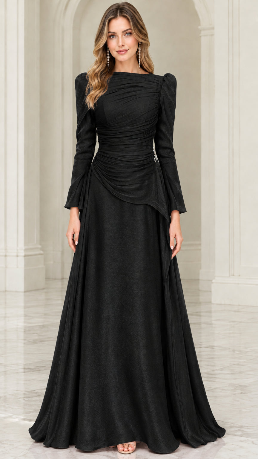 Front view of black long sleeve ruched evening gown