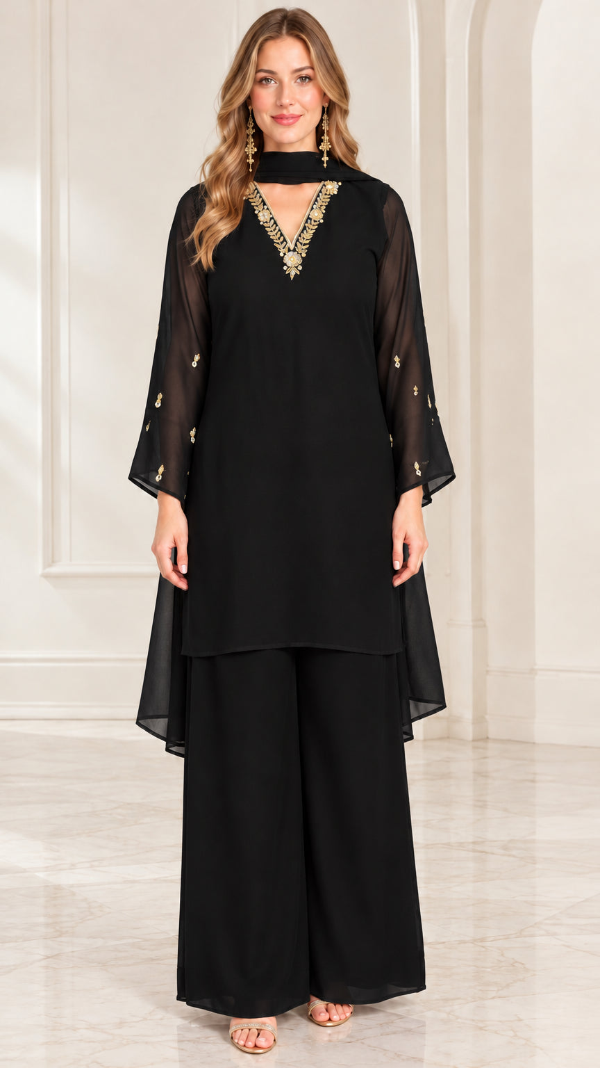 Full-length front view of black embroidered chiffon tunic top and wide-leg pants set