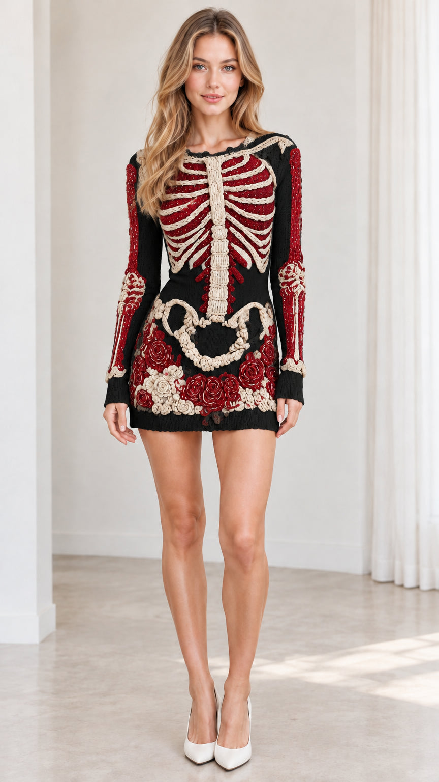 Model wearing black colorway of the embroidered skeleton and rose knit long sleeve mini dress