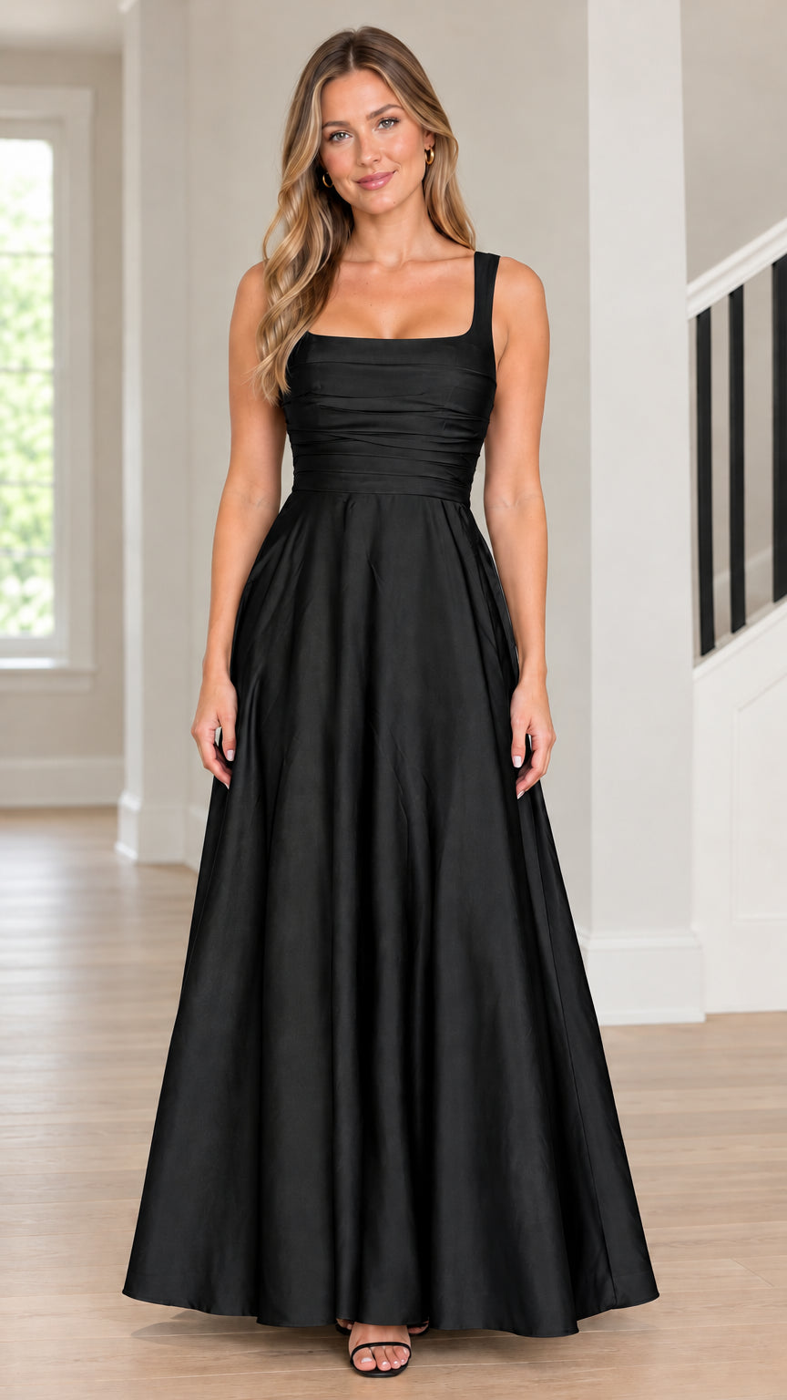 Model wearing black square neck pleated bodice satin A-line maxi dress front view