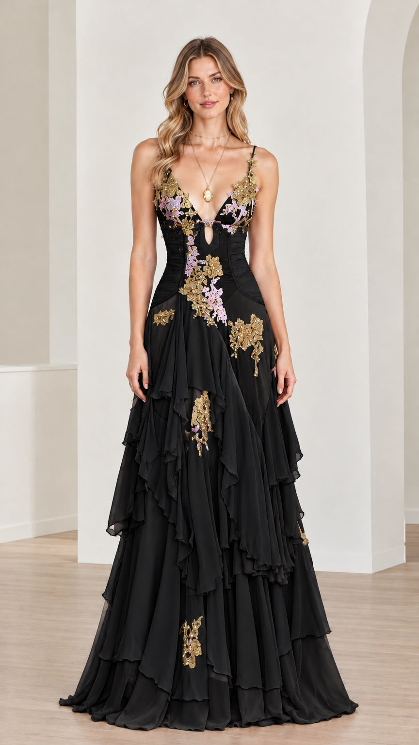 Front view of black embroidered plunge neckline tiered ruffle maxi gown