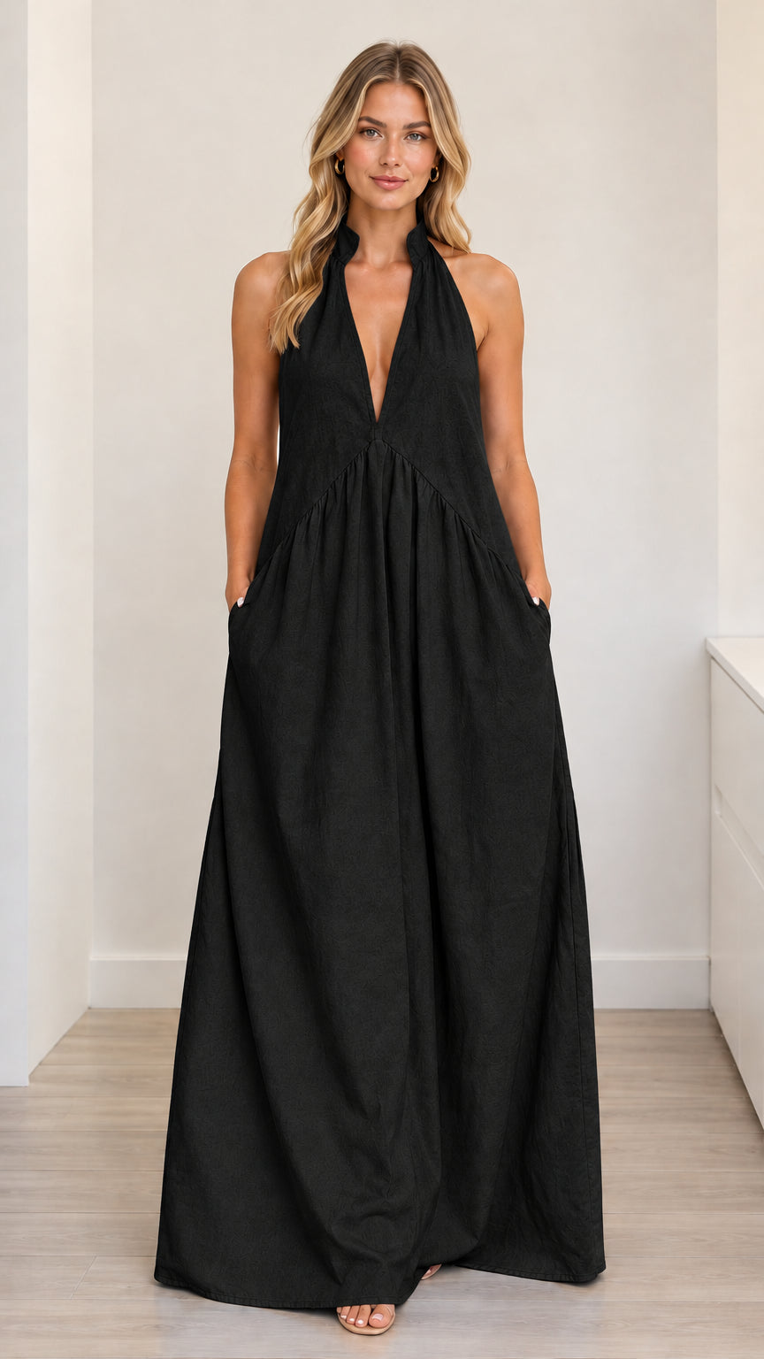 Black halter plunge V-neck sleeveless maxi dress front view with side pockets