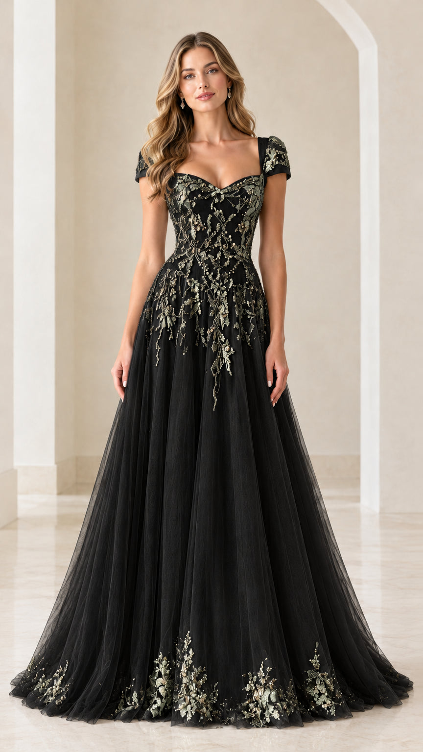 Black embroidered cap-sleeve tulle formal evening gown