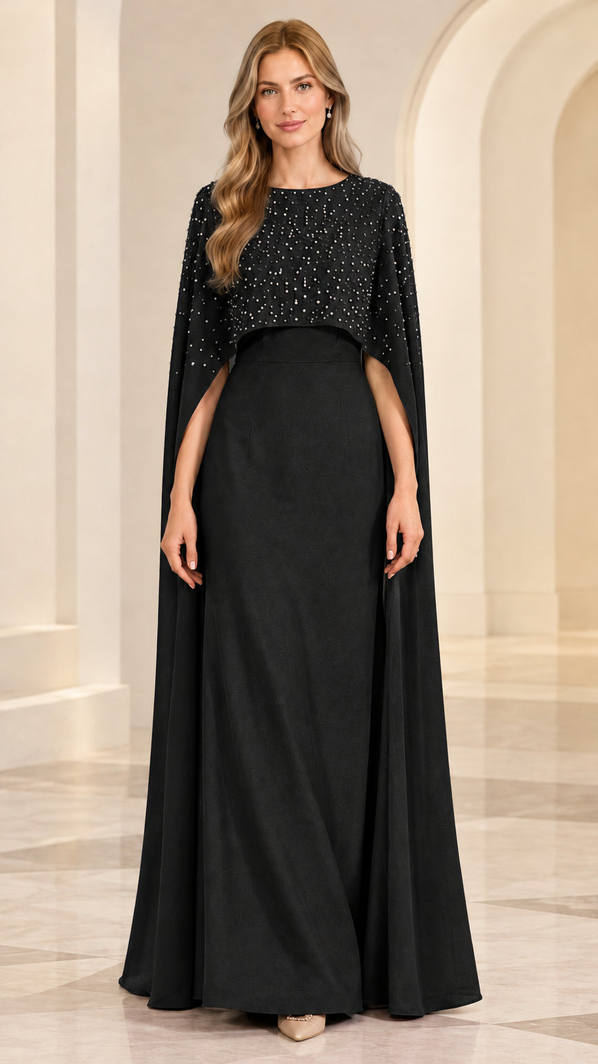 Black floor-length evening gown with beaded cape overlay
