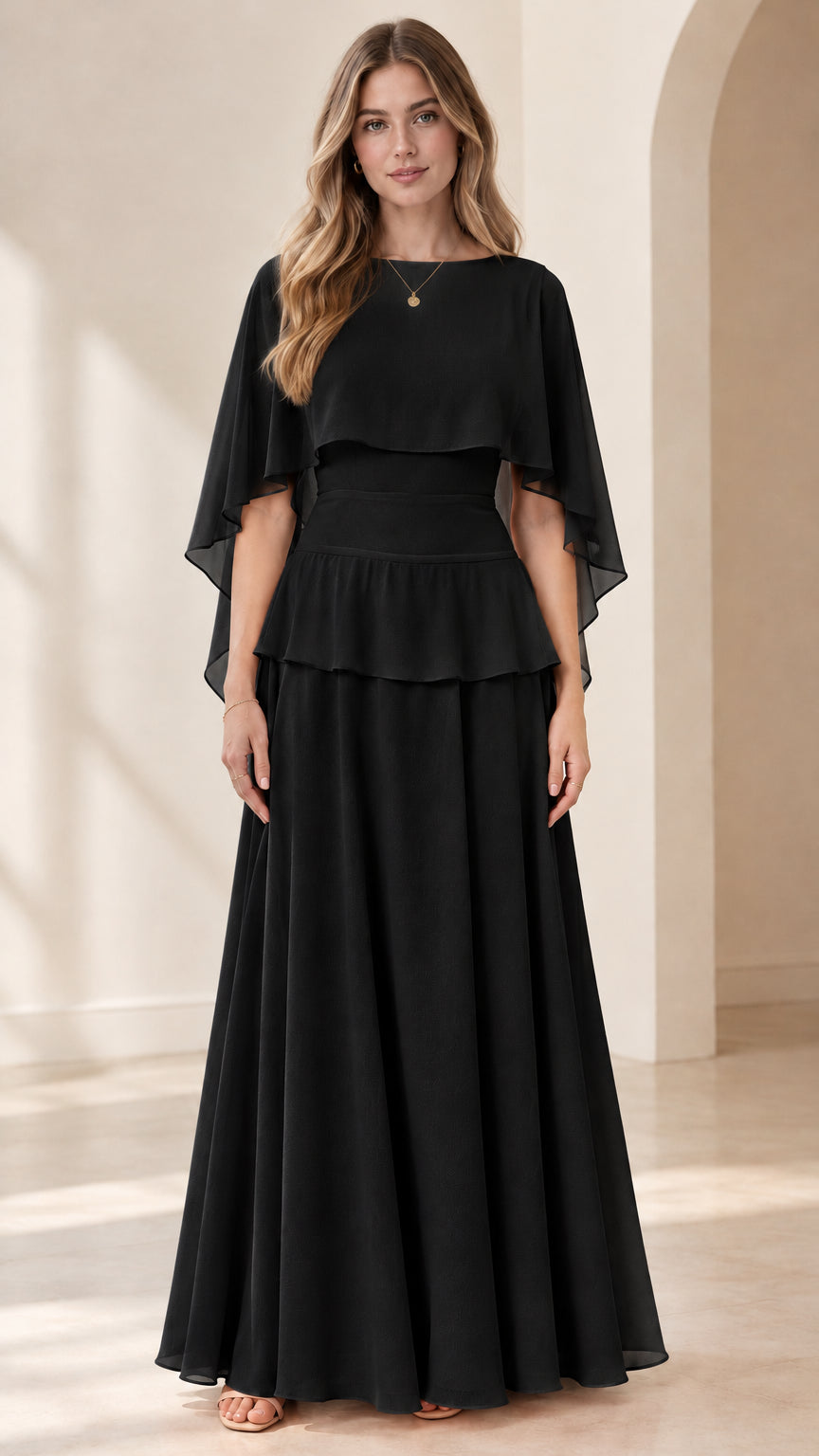 Full front view of black capelet tiered chiffon maxi formal dress