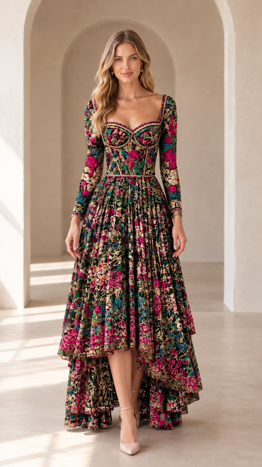 Front full-length view of black floral embroidered high-low evening dress on model