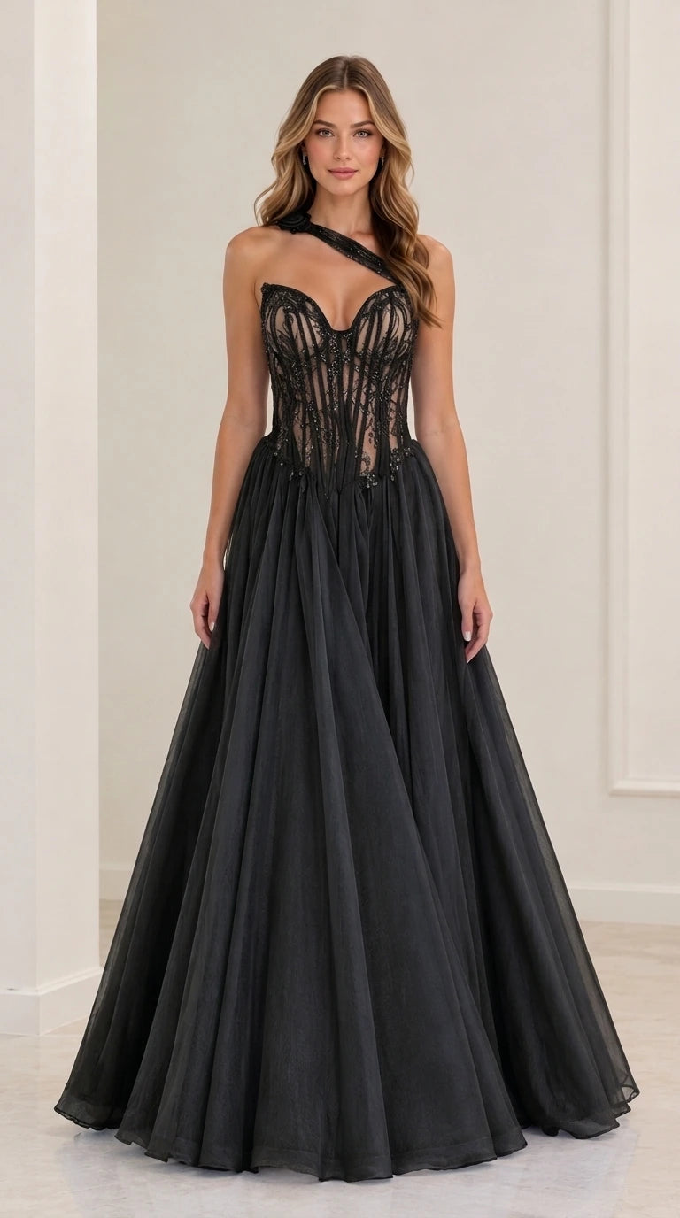 Black one-shoulder boned corset evening gown with tulle skirt