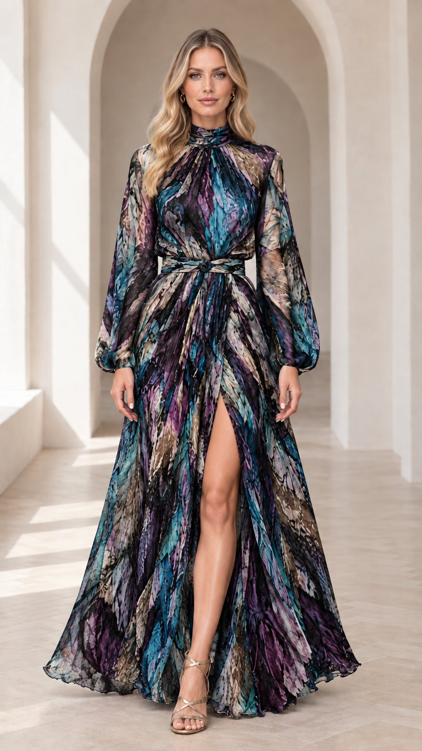 Front view of woman wearing navy multicolor abstract print mock neck maxi dress