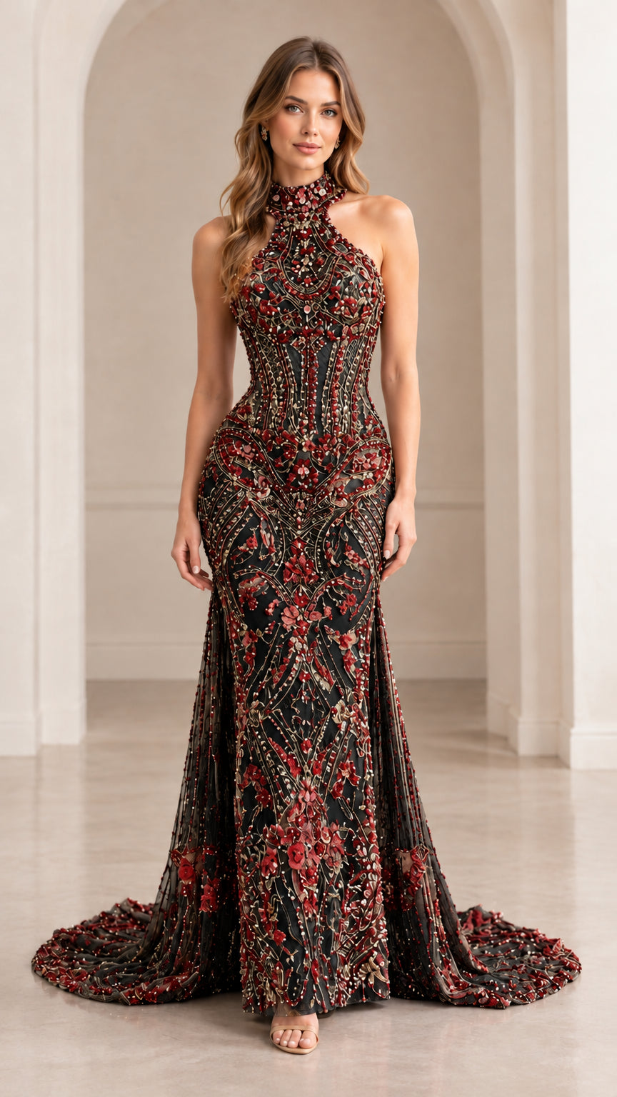 Front view of black and red embellished halter mermaid evening gown