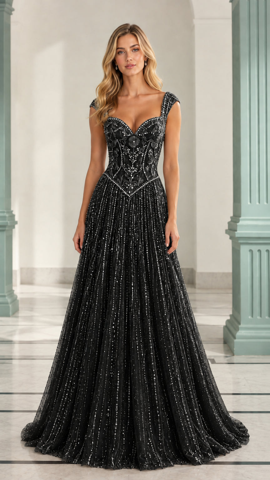 Front view of model wearing a Black beaded sweetheart corset evening gown