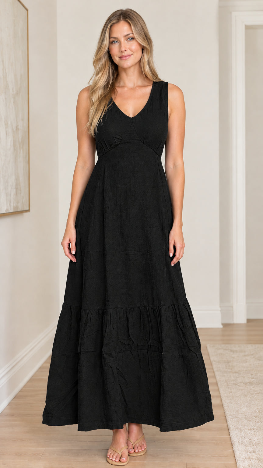 Front view of model wearing Black sleeveless V-neck tiered maxi dress