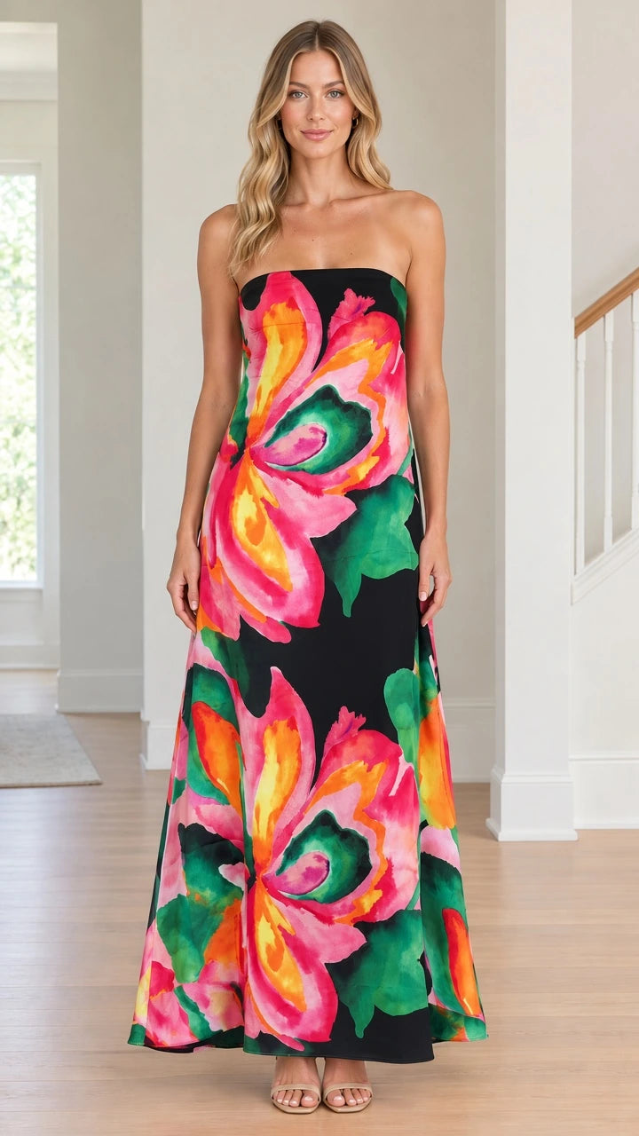 Front view of model wearing Black strapless floral print maxi dress