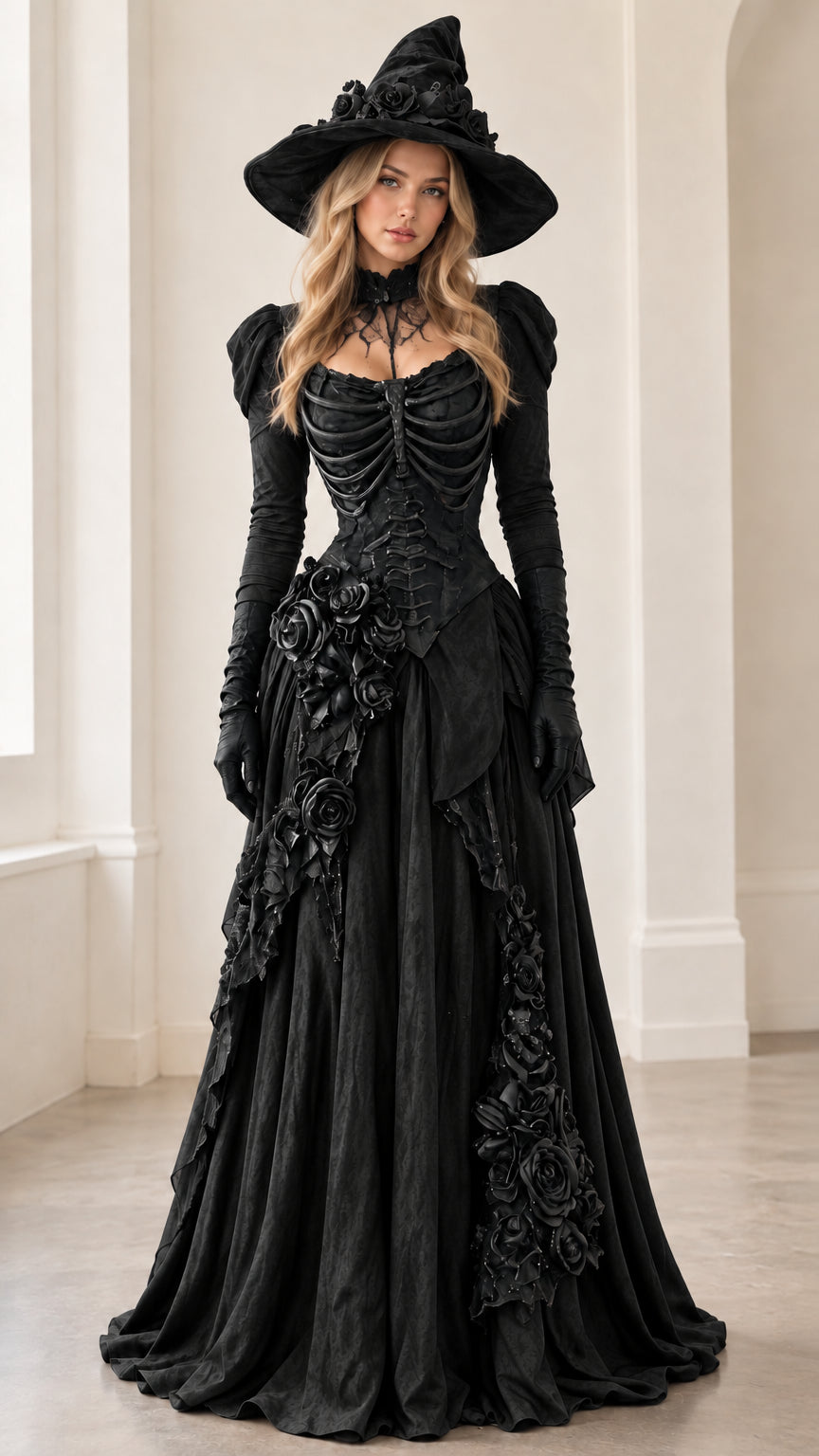 Front view of gothic witch maxi gown in all black with ribcage bodice and matching black witch hat