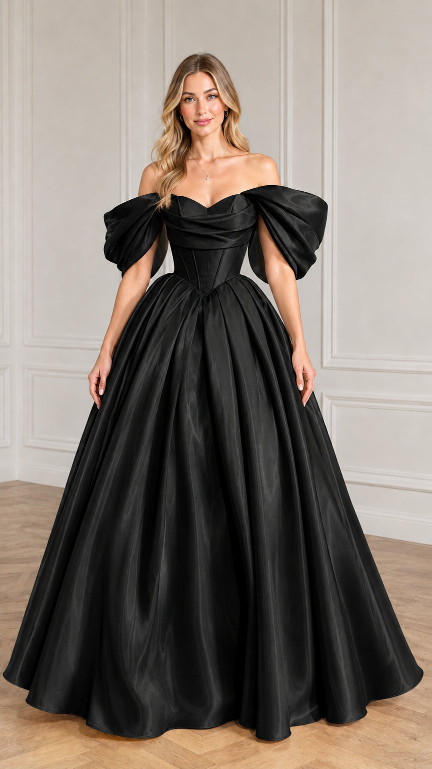 Front view of the black off-the-shoulder corset ball gown maxi evening dress