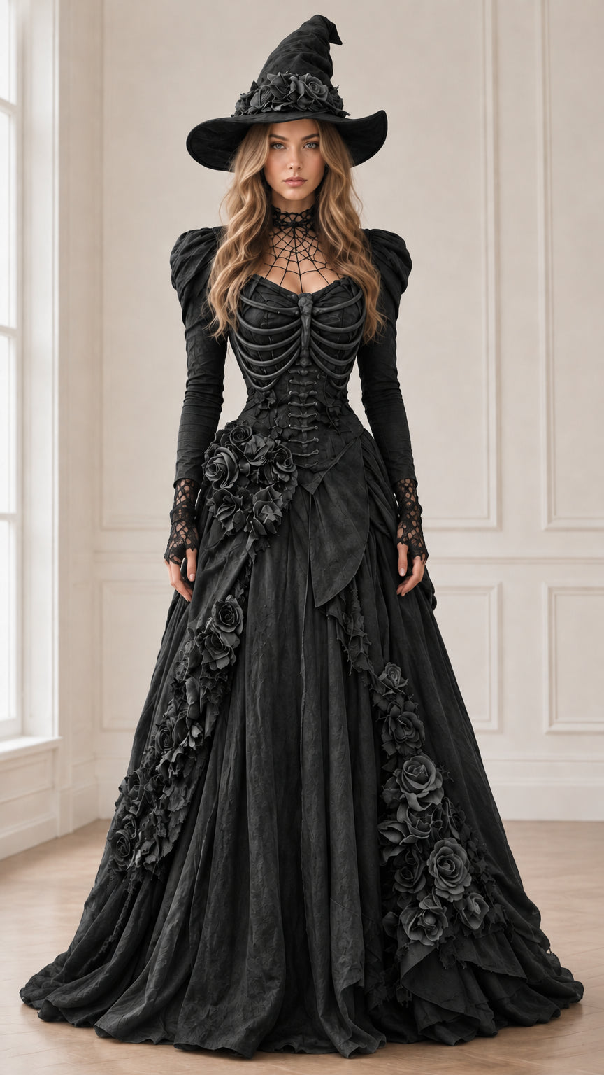 Midnight black version of the gothic Victorian witch ball gown with coordinating hat