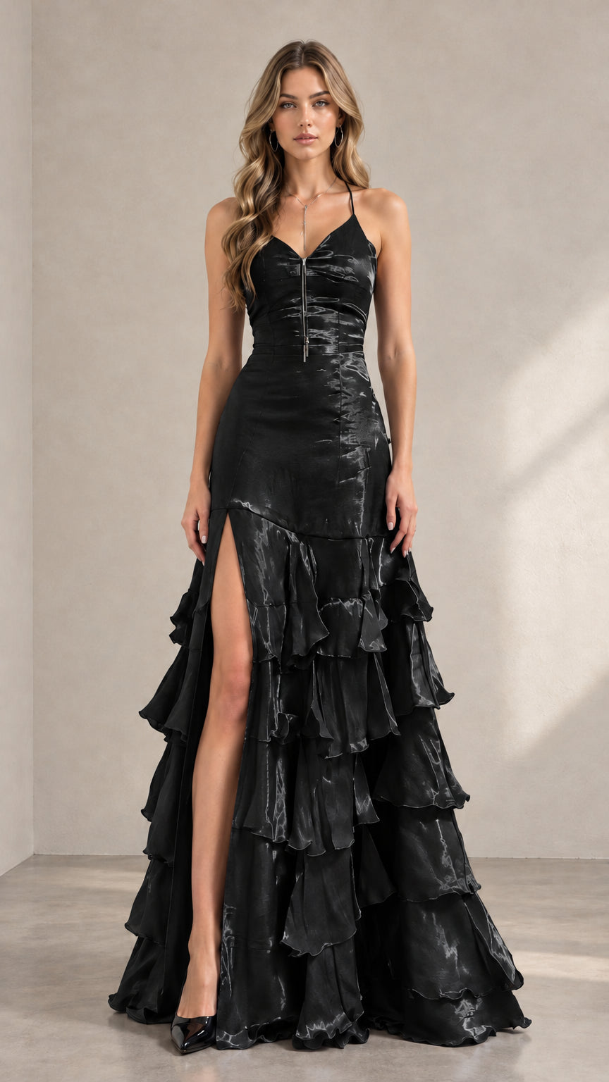 Front view of woman wearing classic black tiered ruffle maxi evening dress with thigh slit