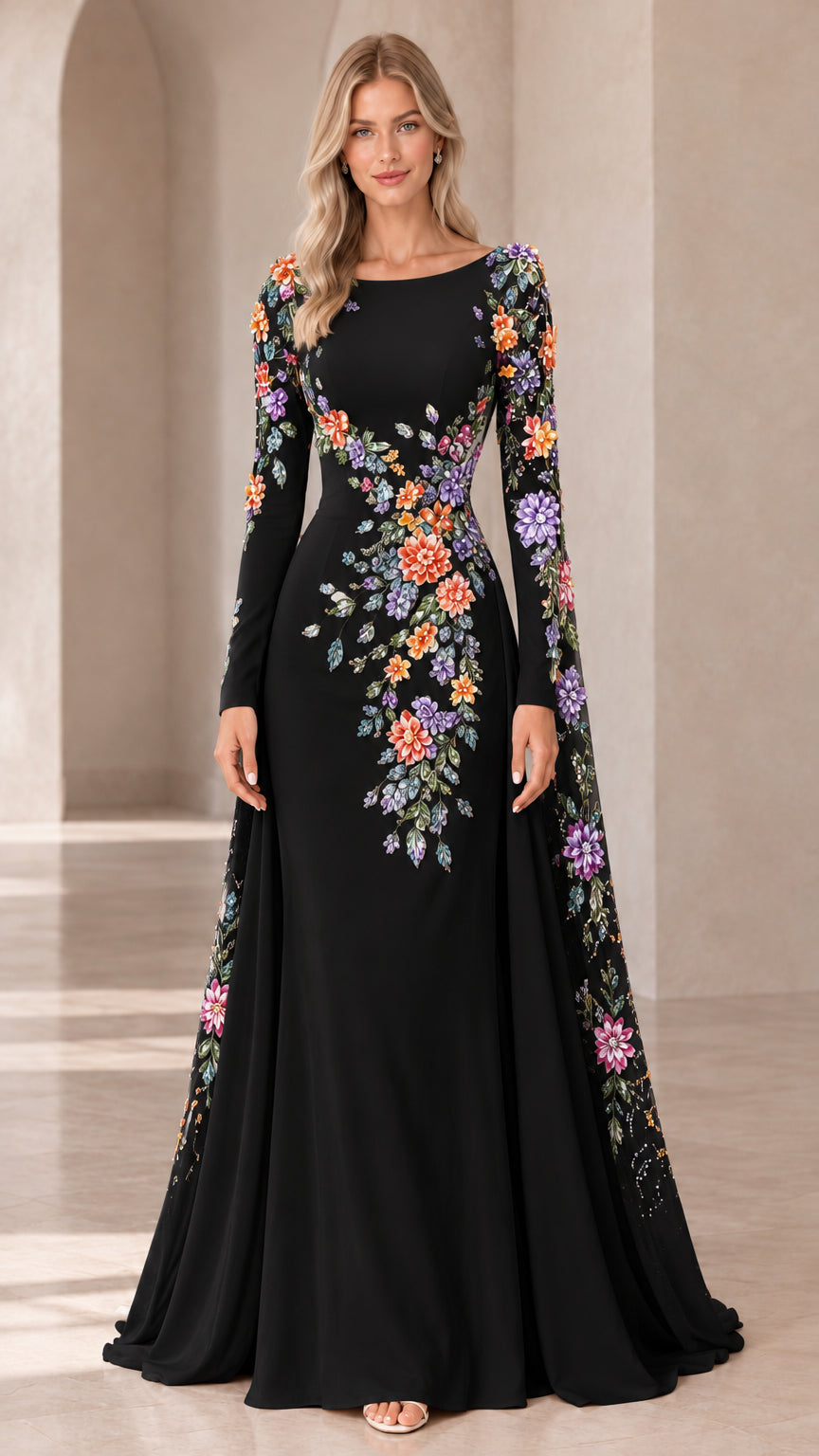 Full front view of black evening gown with multi-colored 3D floral embroidery and cape sleeve
