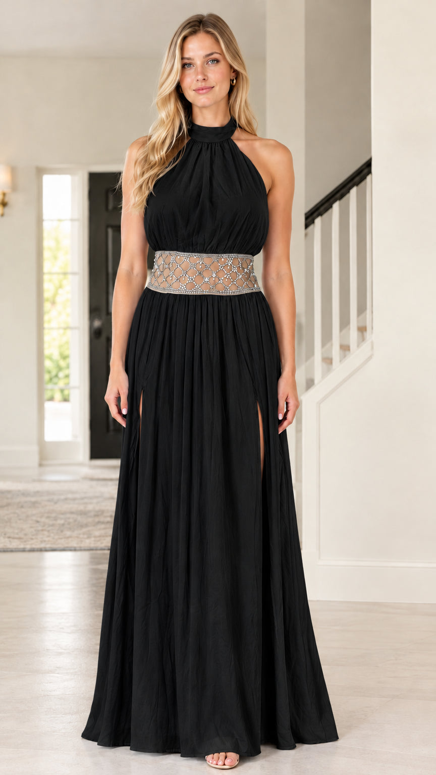 Black halter maxi formal dress with beaded waist detailing