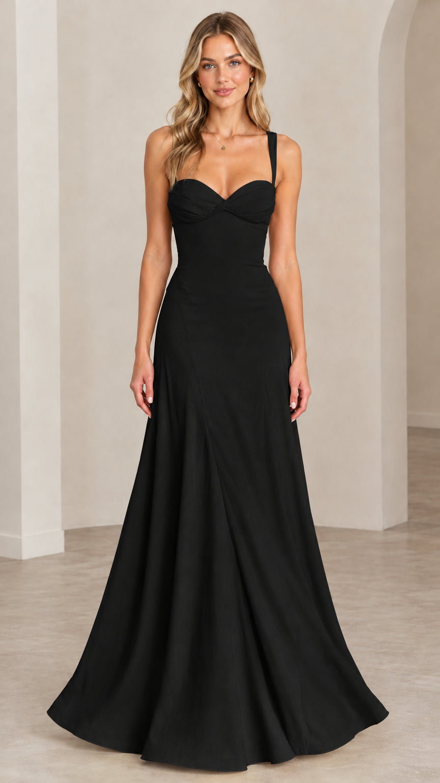 Full-length front view of the sweetheart corset maxi gown in classic black