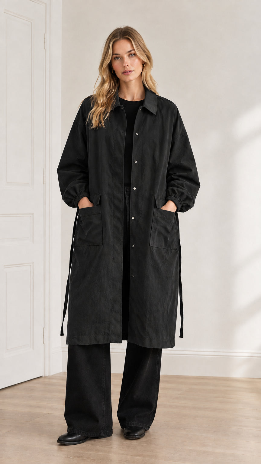 Front view of a model wearing the long duster coat in black