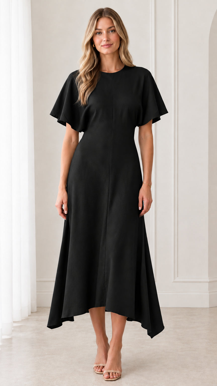 Black flutter sleeve asymmetrical hem midi dress