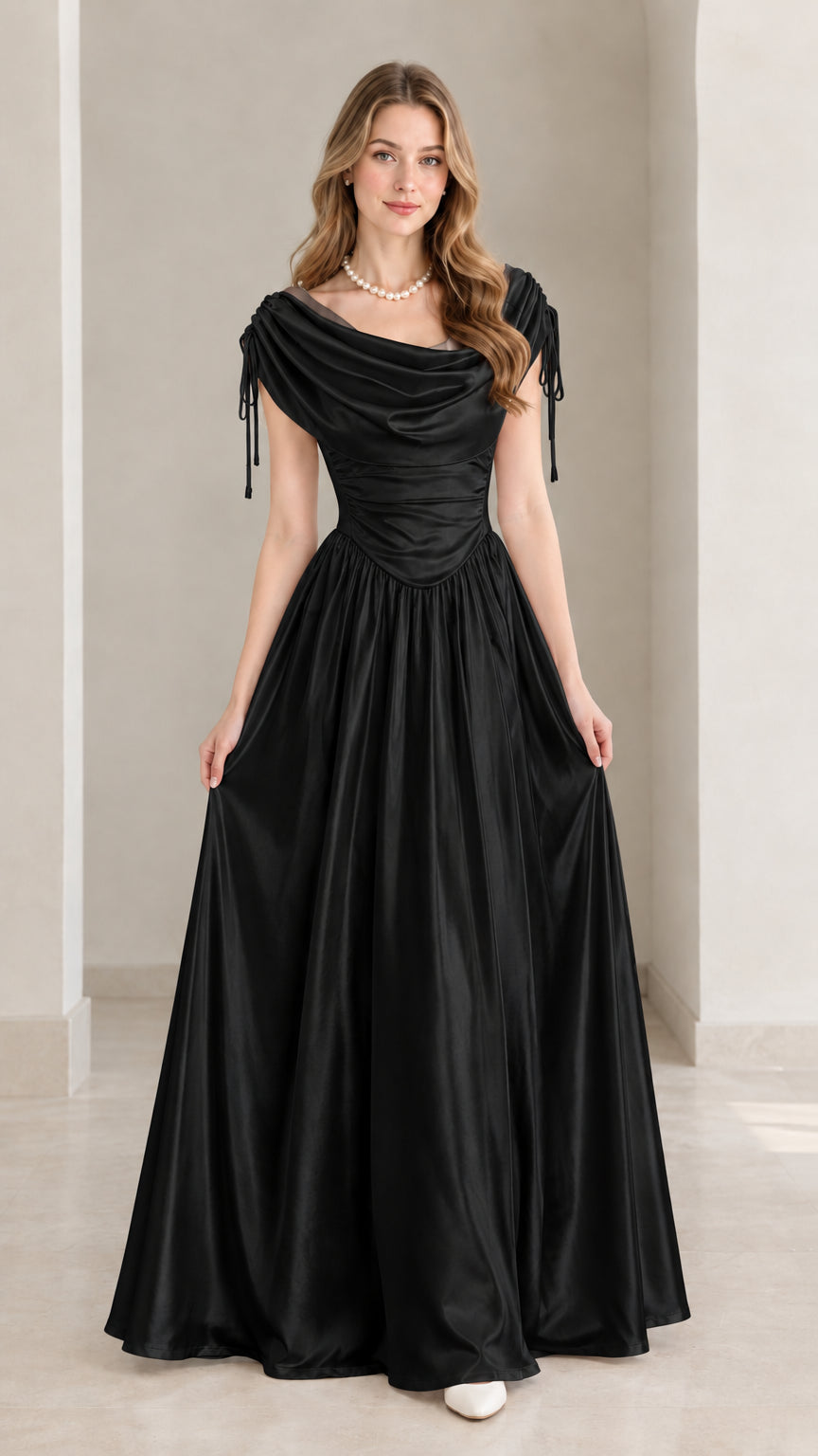 Front view of model wearing black draped cowl neck satin formal maxi dress