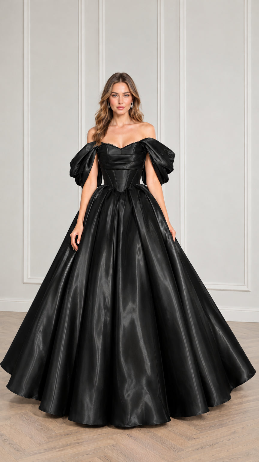 Front view of black satin off-the-shoulder corset formal ball gown