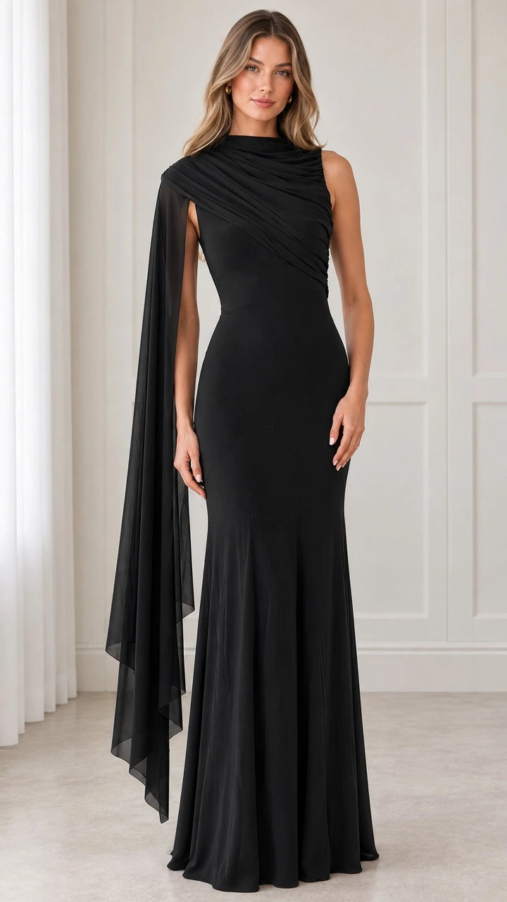 Front view of black draped high neckline evening maxi dress with shoulder cape