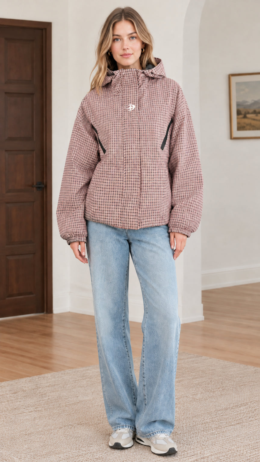 Front view of dusty rose pink houndstooth hooded jacket styled with light blue jeans
