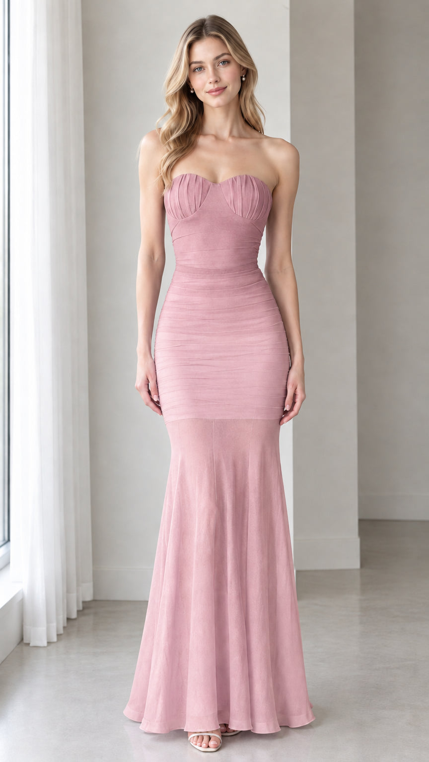Front full-length view of model wearing the Dusty Rose pink strapless ruched mermaid evening gown