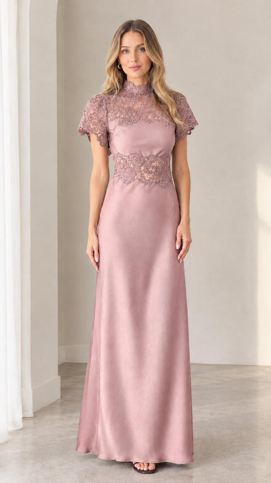 Dusty rose pink lace overlay satin formal maxi dress