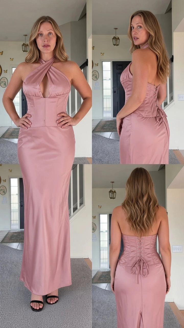 Front, side, and back view of woman wearing dusty pink cross halter top and maxi skirt set