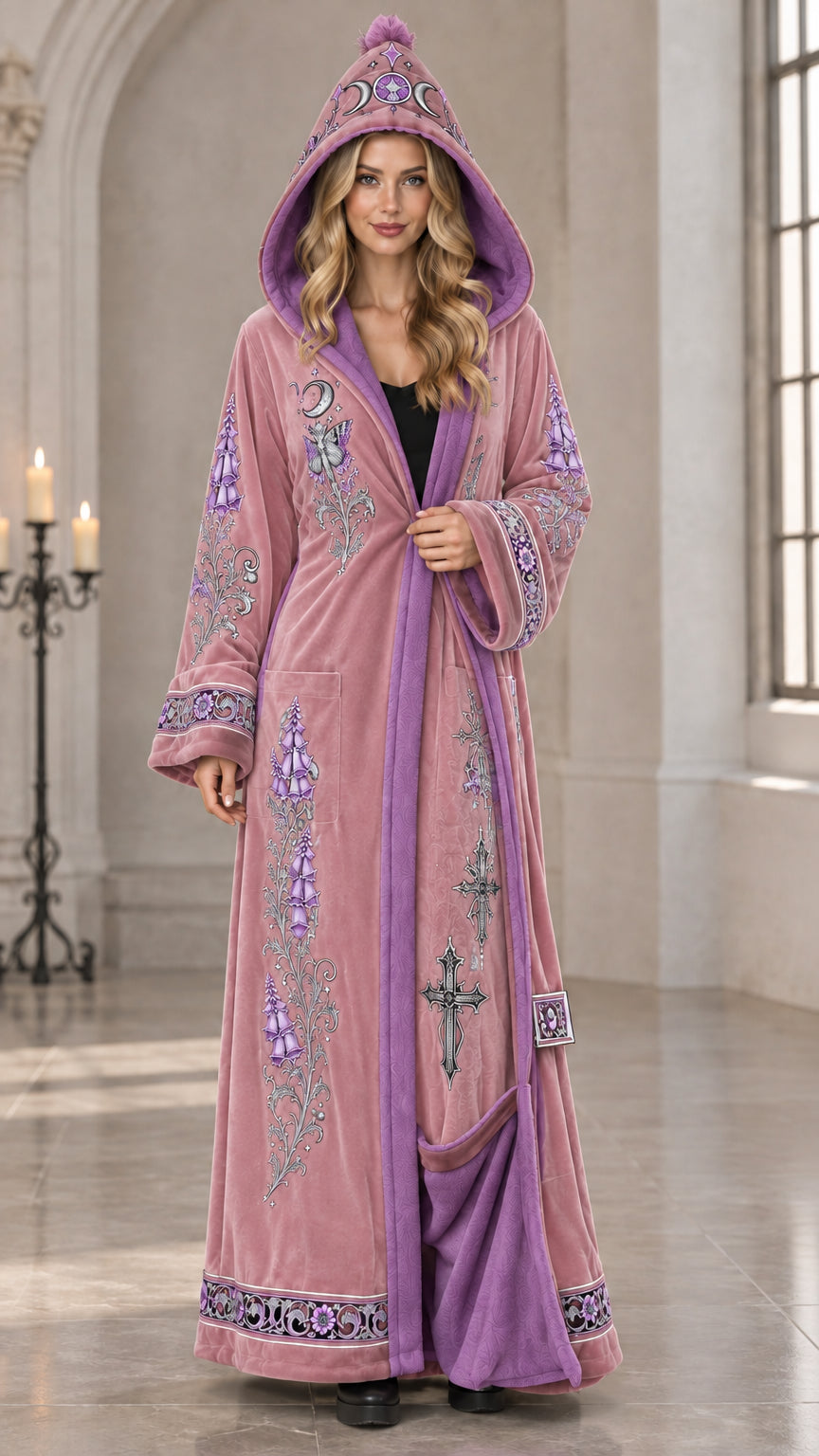 Dusty pink embroidered hooded velvet maxi robe with purple lining
