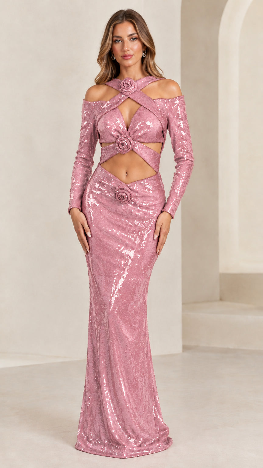 Front view of pink sequin long sleeve cutout maxi dress with floral rosette details