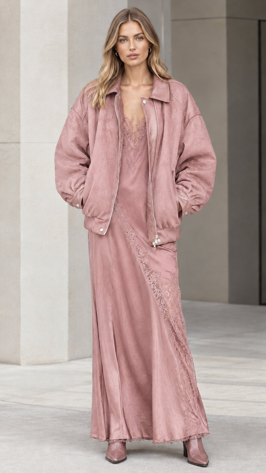 Model wearing dusty rose pink bomber jacket and matching maxi slip dress set