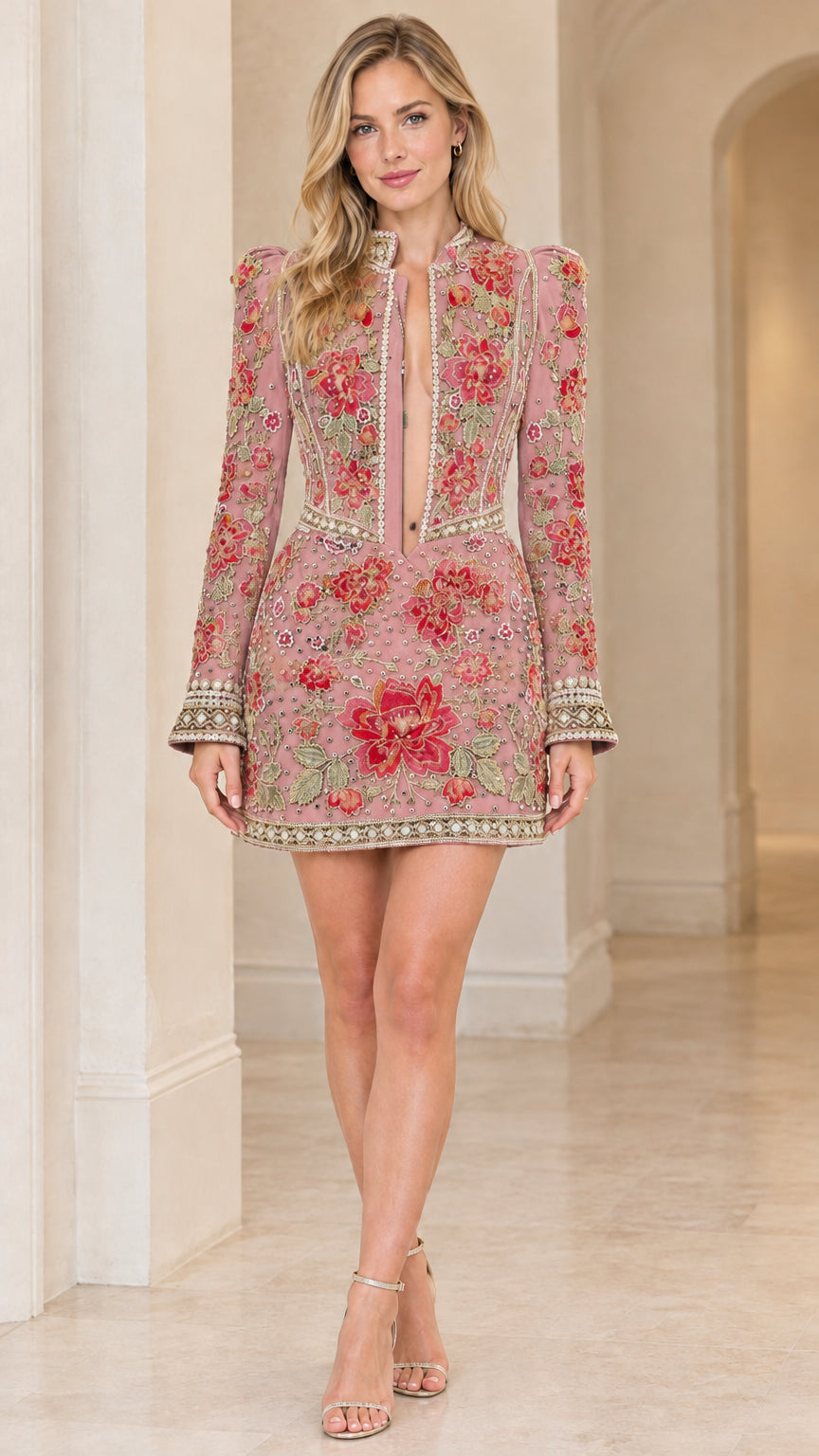 Front view of model wearing dusty pink floral embroidered long sleeve mini dress