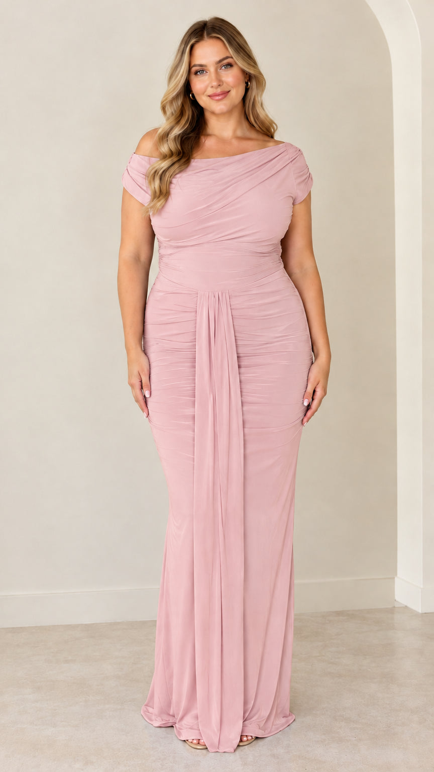 Blush pink off-the-shoulder draped maxi evening dress front view