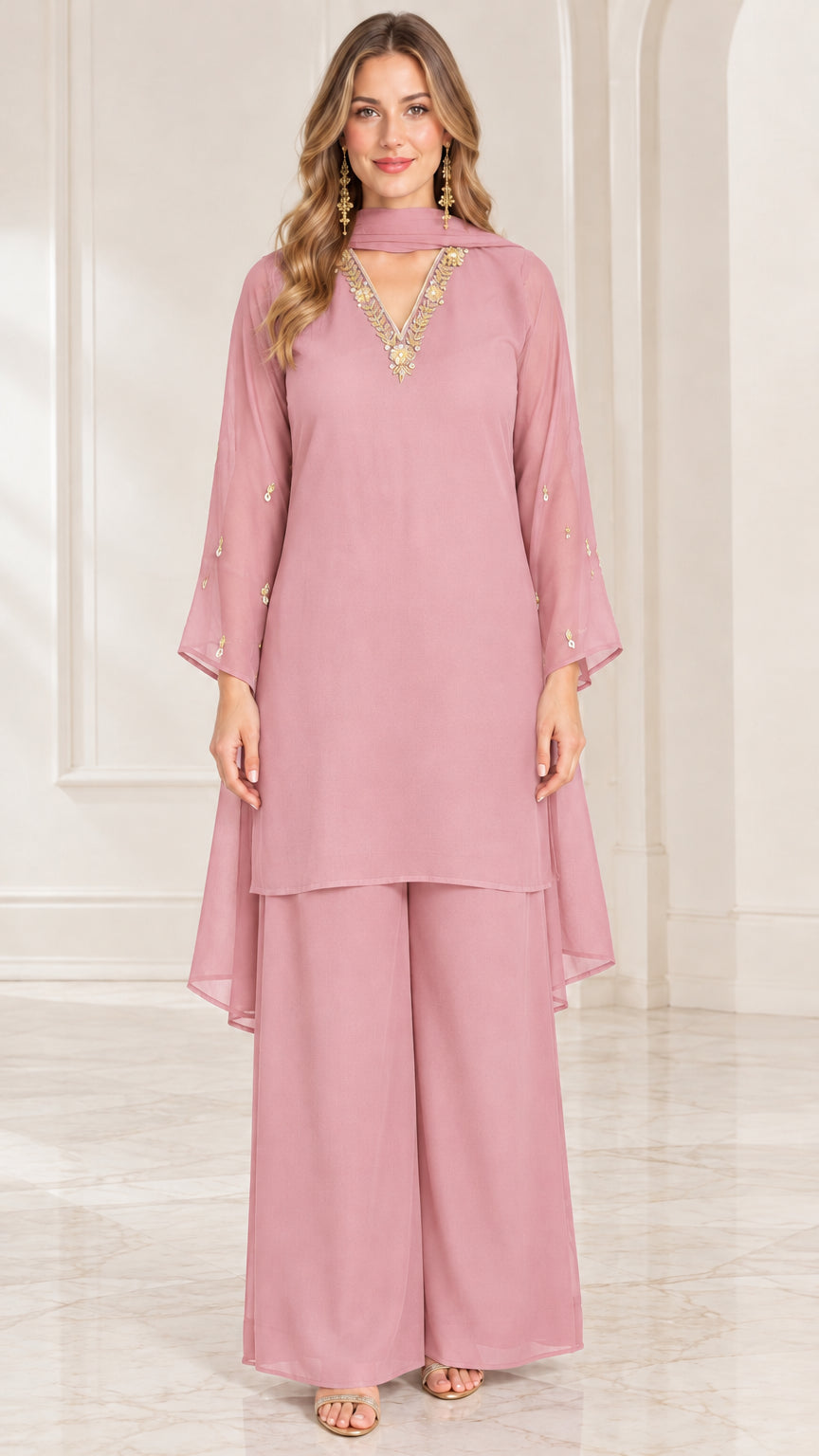 Full-length front view of dusty pink embroidered chiffon tunic top and wide-leg pants set