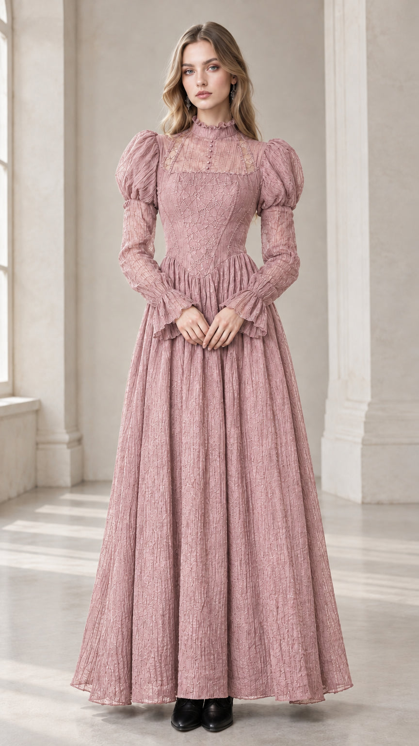 Dusty pink Victorian mock neck puff sleeve lace maxi dress