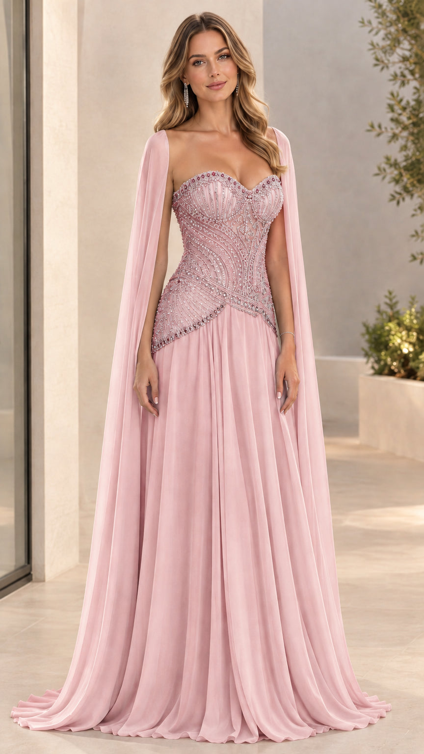 Full-length blush pink beaded corset evening gown with chiffon cape sleeves