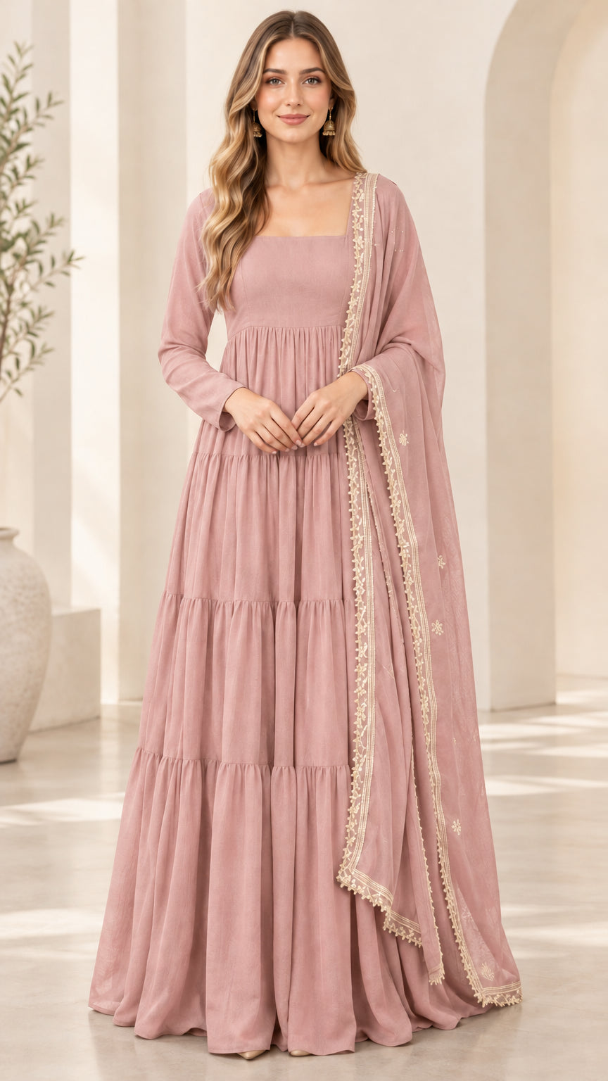 Dusty pink long-sleeve tiered maxi gown with coordinating embroidered border dupatta