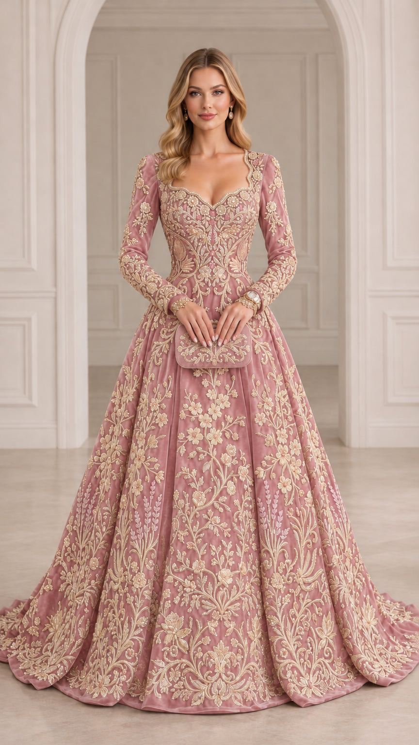 Dusty pink embroidered long sleeve formal ball gown dress