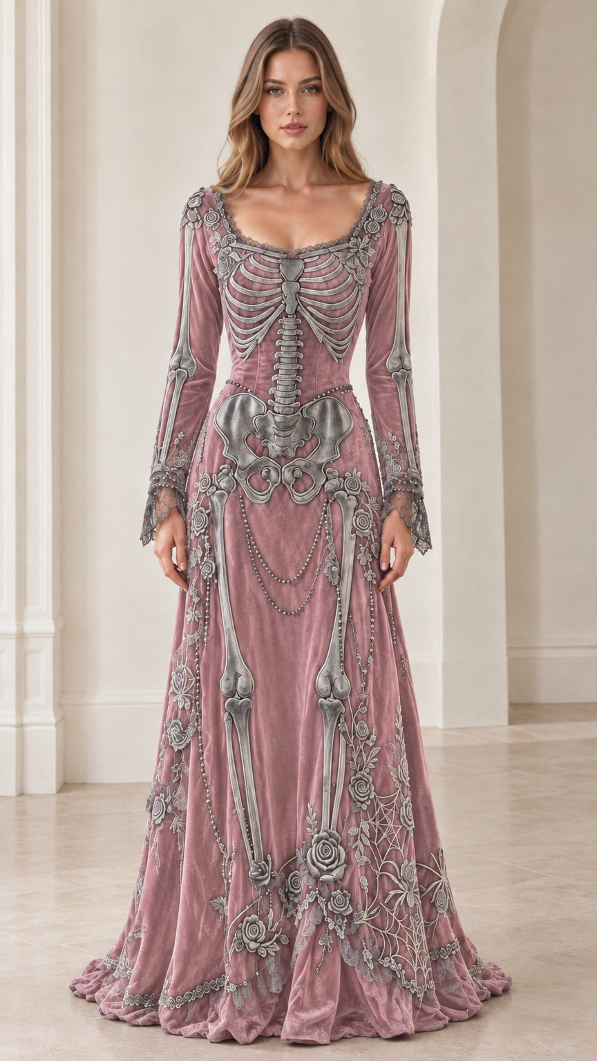Dusty rose pink velvet skeleton print long sleeve maxi dress front view