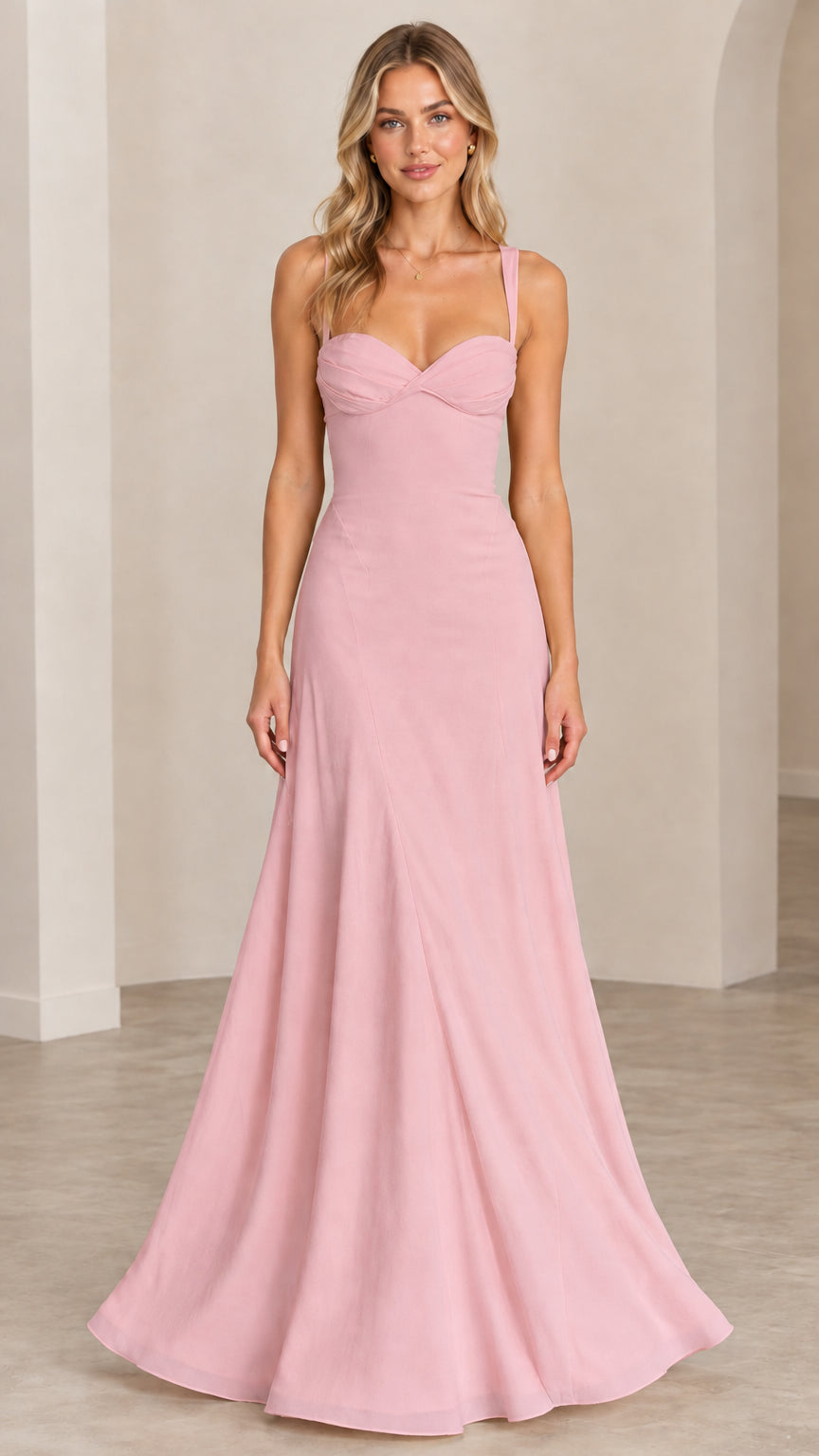 Full-length front view of the sweetheart corset maxi gown in soft dusty pink