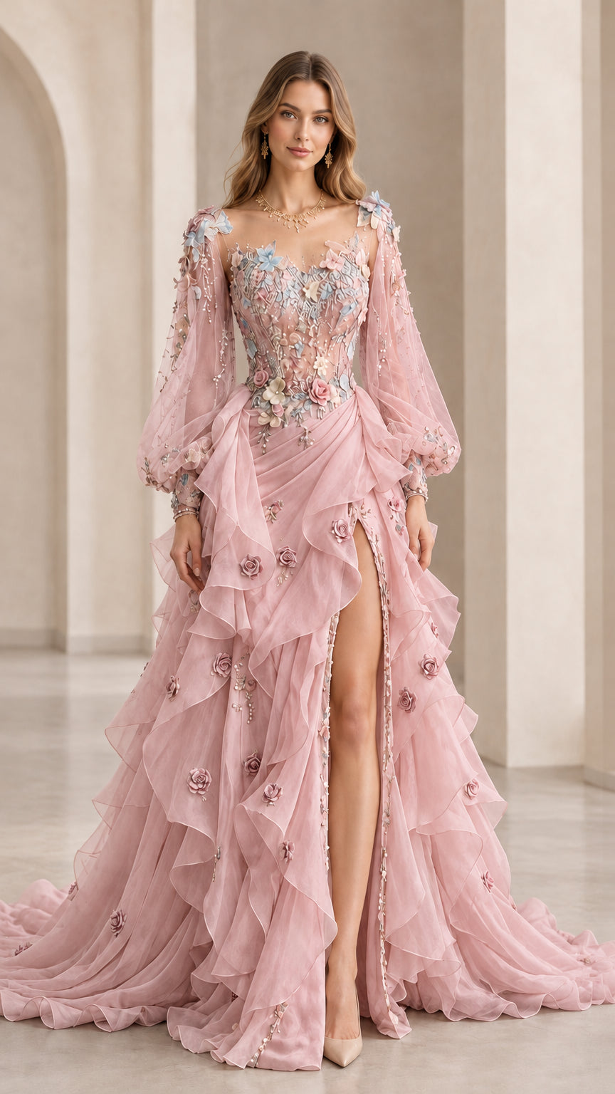 Full front view of blush pink floral applique evening gown with balloon sleeves