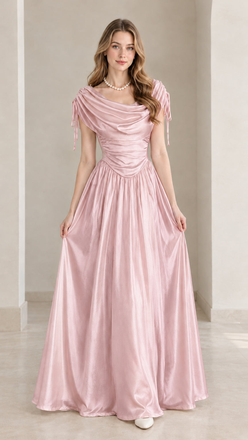 Front view of model wearing blush pink draped cowl neck satin evening dress
